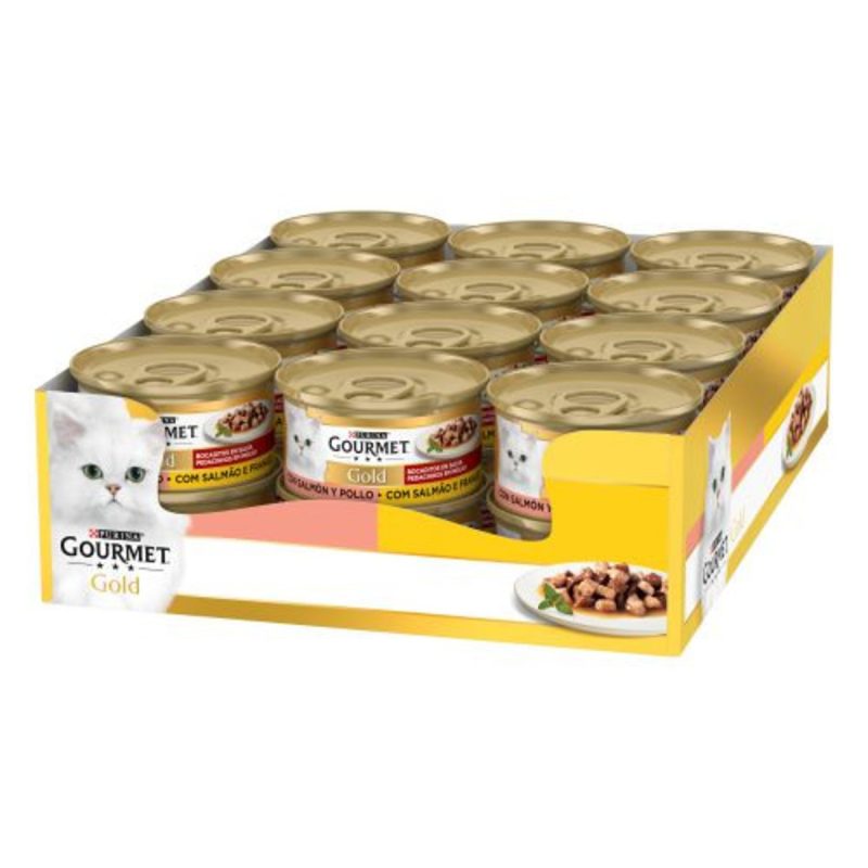 Caja de 24 Unidades Gourmet Gold Delicias de Salmón y Pollo, 85 g