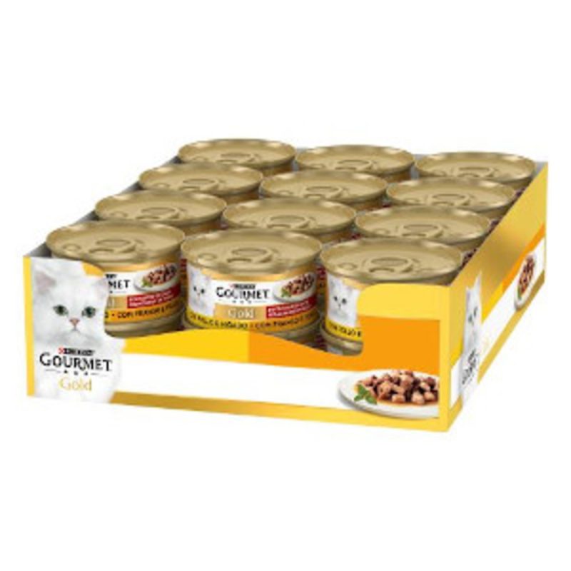 Caja de 24 unidades Lata Gourmet Gold Delicias de Pollo e Hígado para gatos 85 g